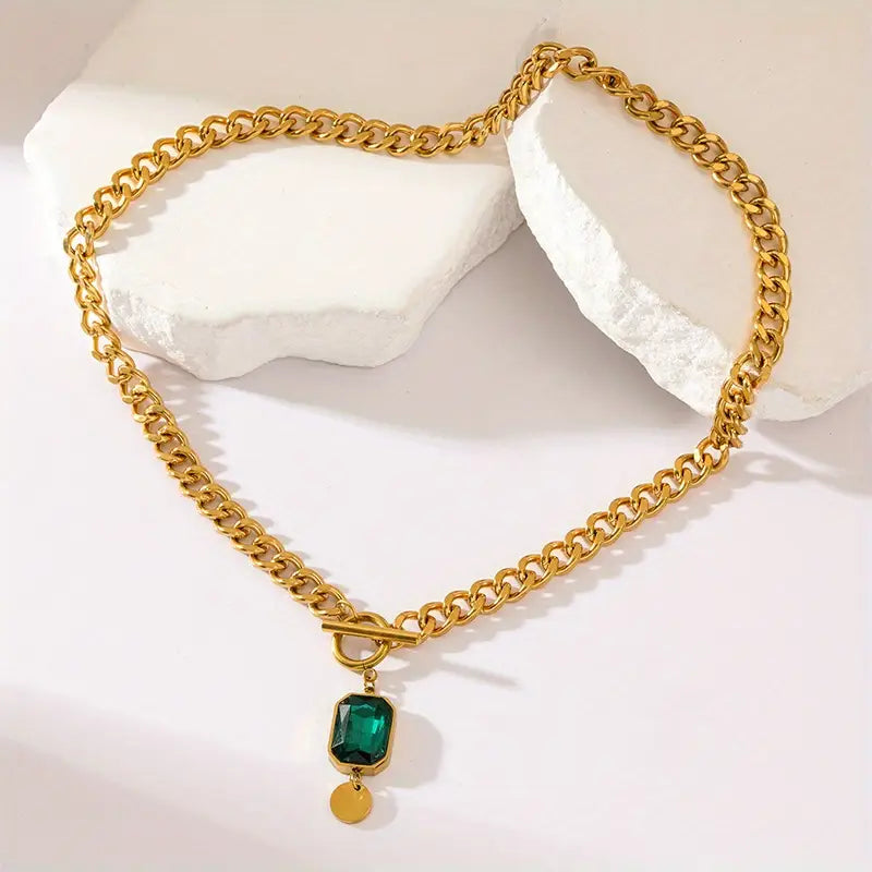 Chunky Chaîne Émeraude Collier à Pendentif | Or