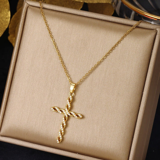Cristal Twist Croix Collier | Or