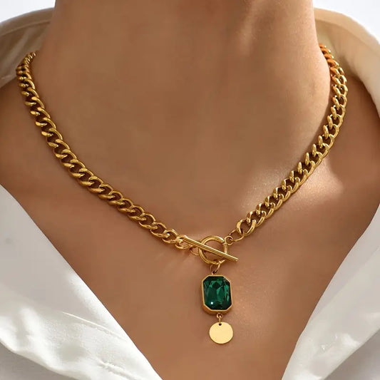 Chunky Chaîne Émeraude Collier à Pendentif | Or