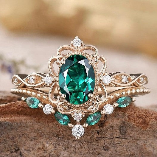 Aurelle Émeraude Bague Couronne Set | Or Rose