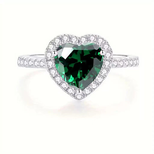 Argent Émeraude Cœur Halo Bague